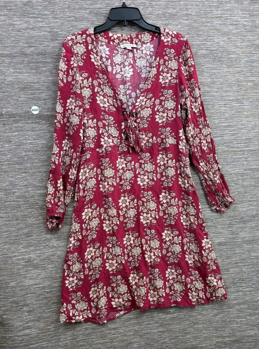 American Eagle Boho Floral Lace Up Mini Dress Womens Size L Maroon Long Sleeve